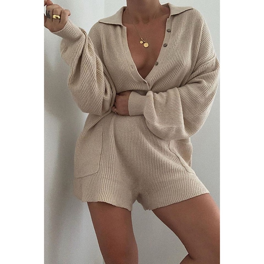 Free People Beige Knit Button-Up Romper